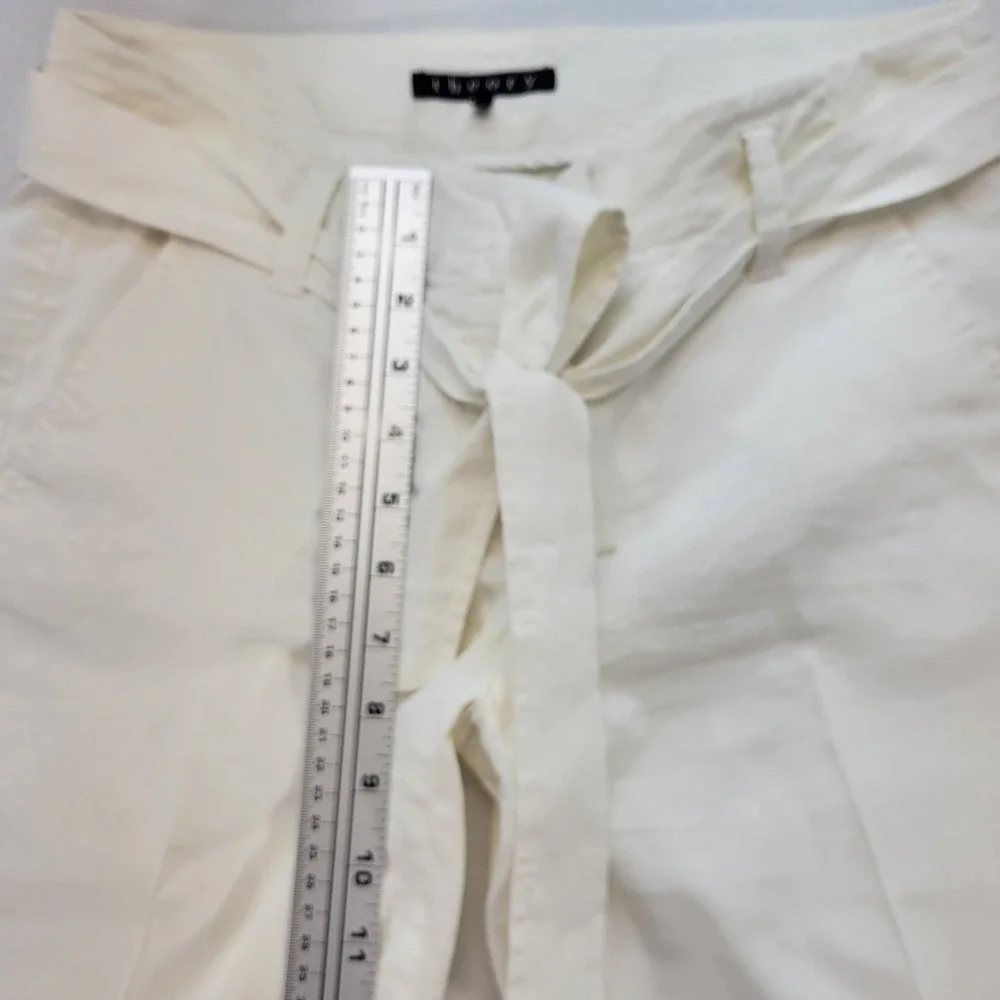 Theory Trousers Womens 0 Cream Linen Blend Tie Waist Wide Leg Dress Pants